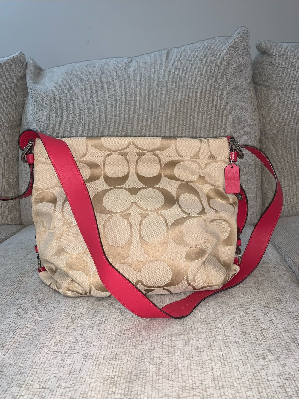 Coach Beige Signature Canvas Shoulder Bag with red Strap